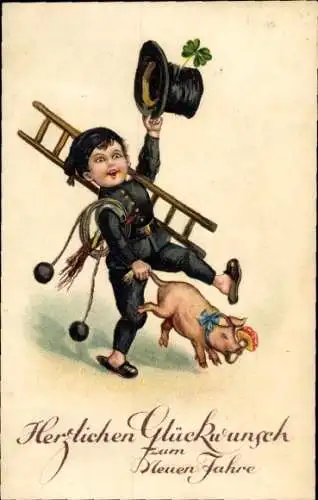 Ak Glückwunsch Neujahr, Kleeblatt, Schwein, Schornsteinfeger