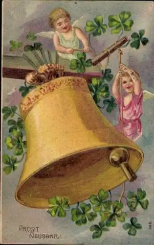 Präge Ak Glückwunsch Neujahr, Kleeblatt, Engel, Glocke