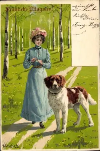 Künstler Litho Mailick, Frohe Pfingsten, Bernhardiner, Frau in blauem Kleid