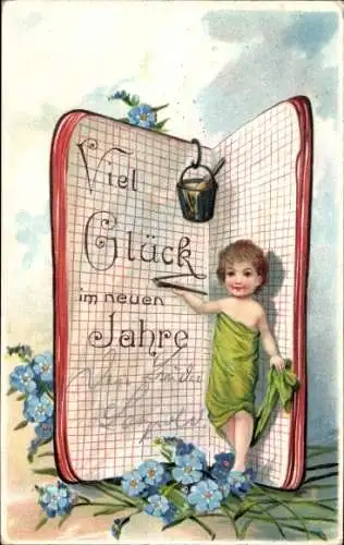 Präge Ak Glückwunsch Neujahr, Schulheft, Vergissmeinnicht