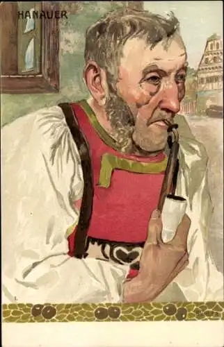 Künstler Litho Bühler, Hanau am Main, Hanauer mit Pfeife, Tracht