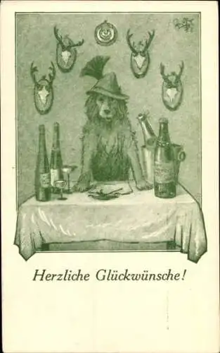 Ak Glückwunsch, Hund in Jagdtracht