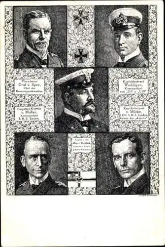 Künstler Ak Vizeadmiral v. Spee, Kapitänleutnant Weddigen, Fregattenkapitän v. Müller, v. Mücke