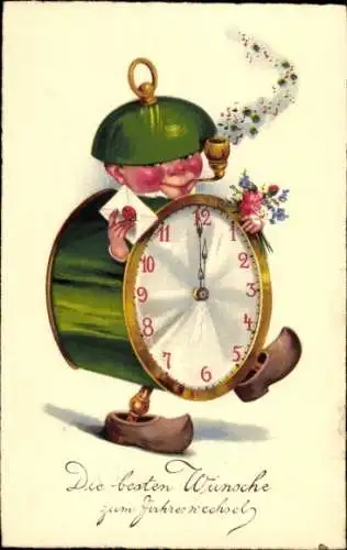 Ak Glückwunsch Geburtstag, Vermenschlichte Uhr mit Blumenstrauß und Pfeife