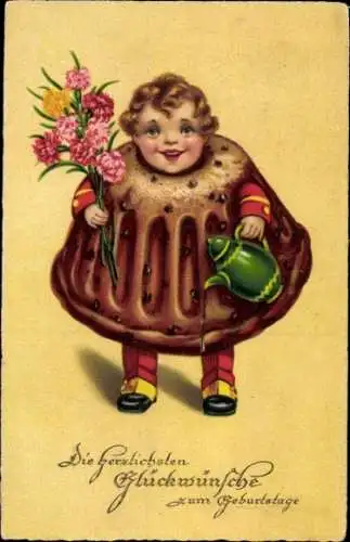 Ak Glückwunsch Geburtstag, Kind im Kuchen Kostüm, Blumen