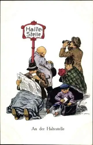 Künstler Ak Zahl, H., An der Haltestelle, Humor