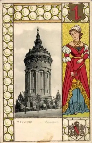 Präge Passepartout Wappen Ak Mannheim in Baden, Wasserturm
