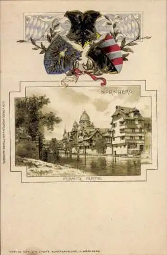 Präge Wappen Passepartout Litho Nürnberg in Mittelfranken, Pegnitz, Synagoge
