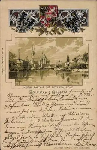Präge Passepartout Wappen Litho Görlitz in der Lausitz, Neisse, Peterskirche