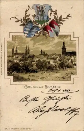 Präge Passepartout Wappen Litho Bamberg in Oberfranken, Gesamtansicht