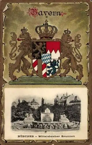 Präge Wappen Ak München, Wittelsbacher Brunnen