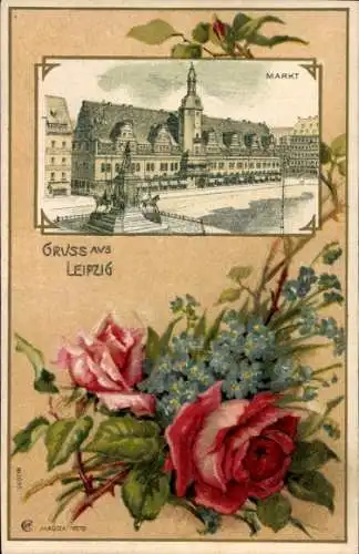 Präge Litho Leipzig, Markt, Rosen, Vergissmeinnicht