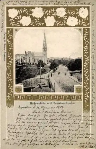 Präge Passepartout Ak Berlin Spandau, Hafenplatz, Garnisonkirche