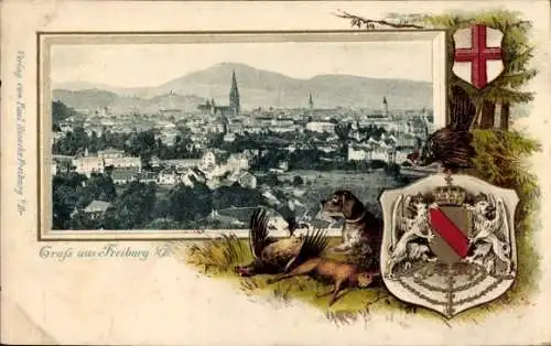 Präge Passepartout Wappen Ak Freiburg im Breisgau, Gesamtansicht
