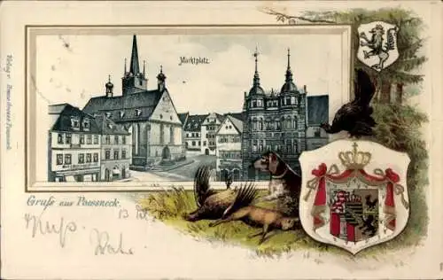 Präge Passepartout Wappen Ak Pößneck in Thüringen, Marktplatz