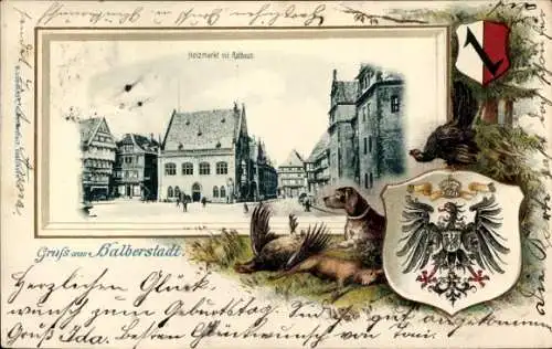 Präge Passepartout Wappen Ak Halberstadt am Harz, Holzmarkt, Rathaus