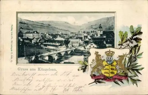 Präge Passepartout Wappen Ak Künzelsau am Kocher Hohenlohekreis, Gesamtansicht