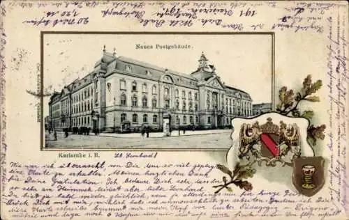 Präge Passepartout Wappen Ak Karlsruhe in Baden, Neues Postgebäude