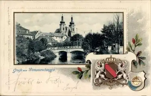 Präge Passepartout Wappen Ak Donaueschingen im Schwarzwald, Gesamtansicht, Brücke