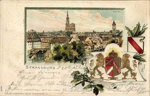 Präge Passepartout Wappen Litho Straßburg Elsass Bas Rhin, Gesamtansicht