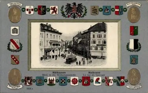 Präge Passepartout Wappen Ak Mulhouse Mülhausen Elsass Haut Rhin, Wildemannstraße