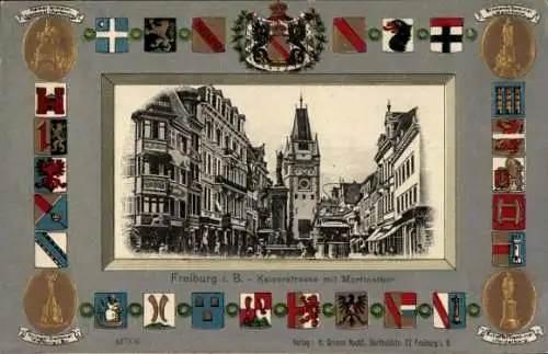 Präge Passepartout Wappen Ak Freiburg im Breisgau, Kaiserstraße, Martinstor