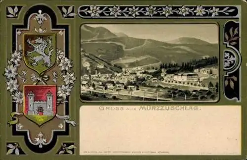 Präge Passepartout Wappen Litho Mürzzuschlag Steiermark, Gesamtansicht