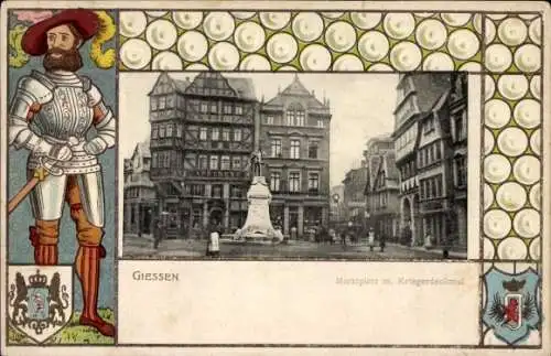 Präge Wappen Passepartout Ak Gießen an der Lahn Hessen, Marktplatz, Kriegerdenkmal