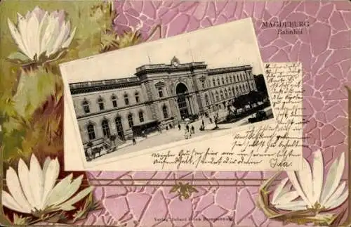 Präge Passepartout Ak Magdeburg an der Elbe, Bahnhof, Vorplatz