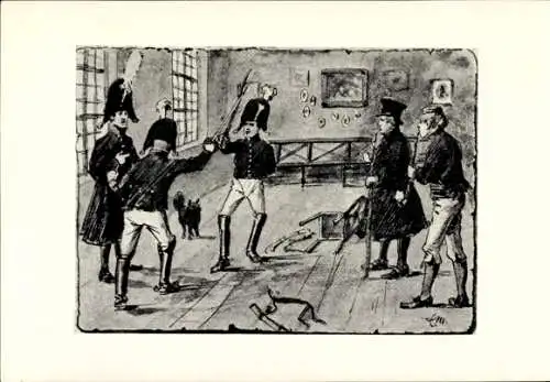 Studentika Künstler Ak Mensur des Corps Lusatia um 1807