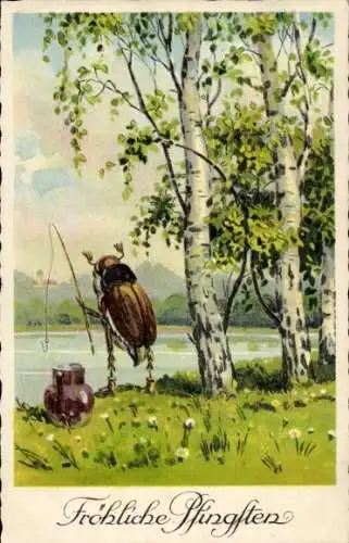 Ak Glückwunsch Pfingsten, Maikäfer beim Angeln