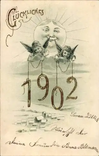 Ak Glückwunsch Neujahr 1902, Engel, Sonne