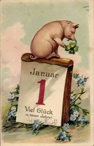Präge Ak Glückwunsch Neujahr, Schwein, Kalender, Kleeblatt