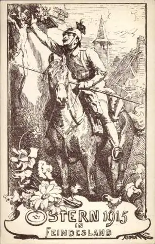 Künstler Ak Ostern 1915 im Feindesland, Soldat auf einem Pferd, Ulan
