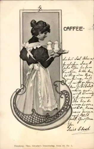 Ak Junge Frau bringt Kaffee, Kaffeetasse, Kaffeekanne