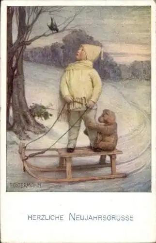 Künstler Ak Ostermann, F., Glückwunsch Neujahr, Kind, Schlitten, Teddy, Vogel