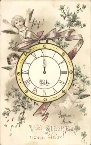 Ak Glückwunsch Neujahr, Engel, Uhr, Blumen