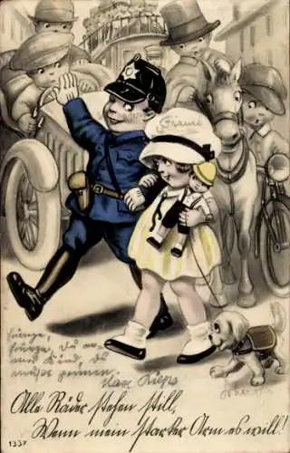 Ak Junge als Polizist, Mädchen mit Puppe, Hund, Verkehr
