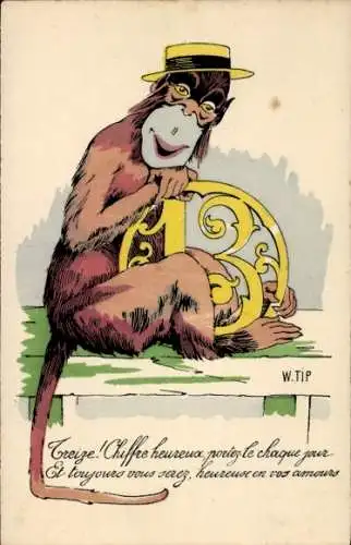 Künstler Ak Tip, W., Affe mit Hut, Nummer 13