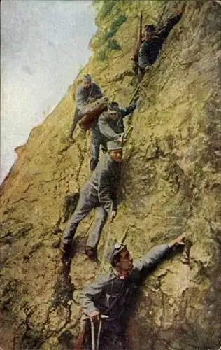 Ak Österreichische Gebirgstruppen, Abstieg zu Tal, KuK Armee, Alpenkrieg