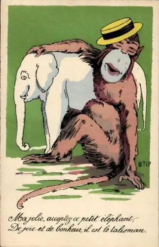 Künstler Ak Tip, W., Affe mit Hut, Elefant