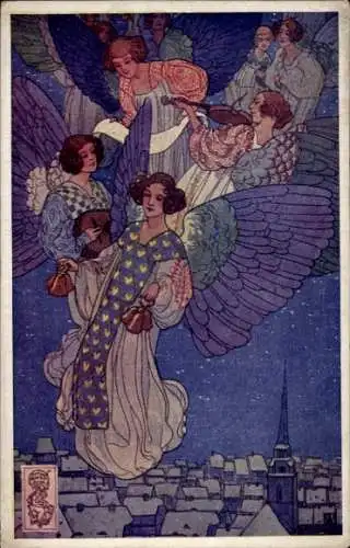 Ak Glückwunsch Neujahr, Feiernde Engel, Glocken, Geige