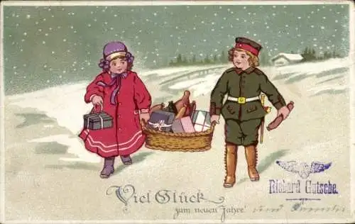 Ak Glückwunsch Neujahr, Kinder, Geschenke, Junge in Uniform