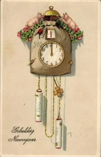Präge Ak Glückwunsch Neujahr, Uhr, Schweine, Geld