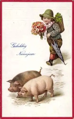 Präge Ak Glückwunsch Neujahr, Junge, Blumen, Schweine