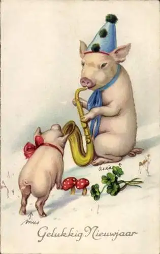 Ak Glückwunsch Neujahr, Vermenschlichtes Schwein mit Saxophon, Kleeblätter, Fliegenpilze
