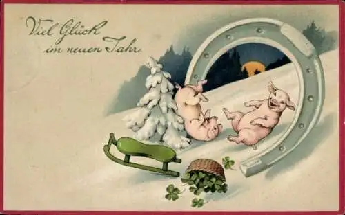 Präge Ak Glückwunsch Neujahr, Schweine, Schlittenfahrt, Hufeisen, Glücksklee