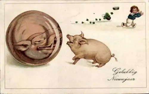 Ak Glückwunsch Neujahr, Schwein, Glaskugel, Kind