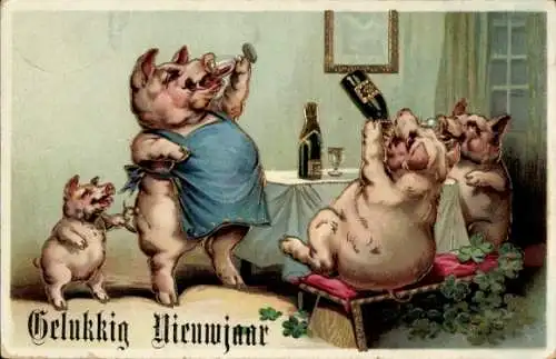 Ak Glückwunsch Neujahr, Schweine trinken Sekt, Glücksklee