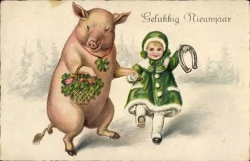 Ak Glückwunsch Neujahr, Mädchen, Schwein, Hufeisen, Glücksklee